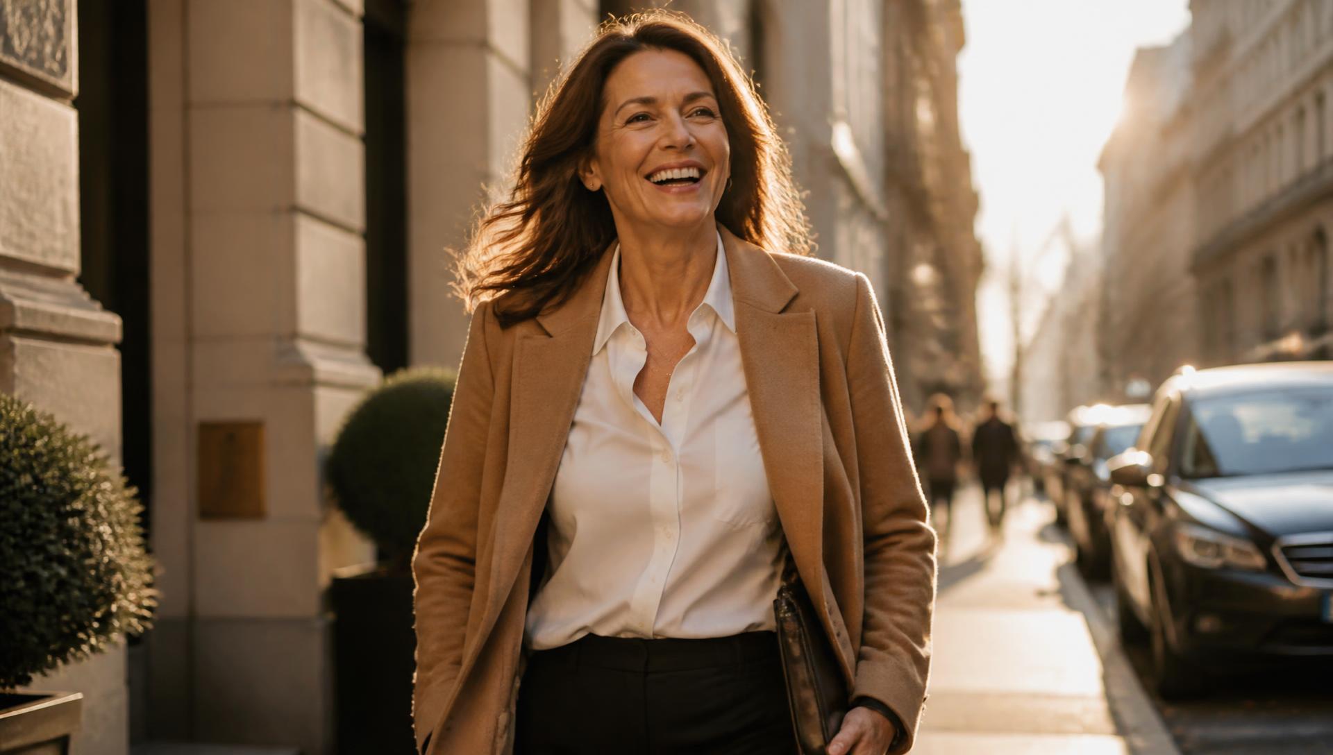 A woman laughing as she walks down a sunlit street in a camel coat